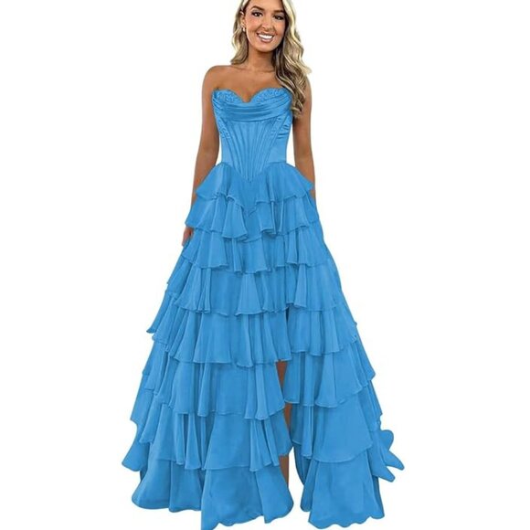 NWOT Ruffle Prom Dress Corset Tiered Strapless Long Chiffon Formal Evening Gown - Picture 1 of 5